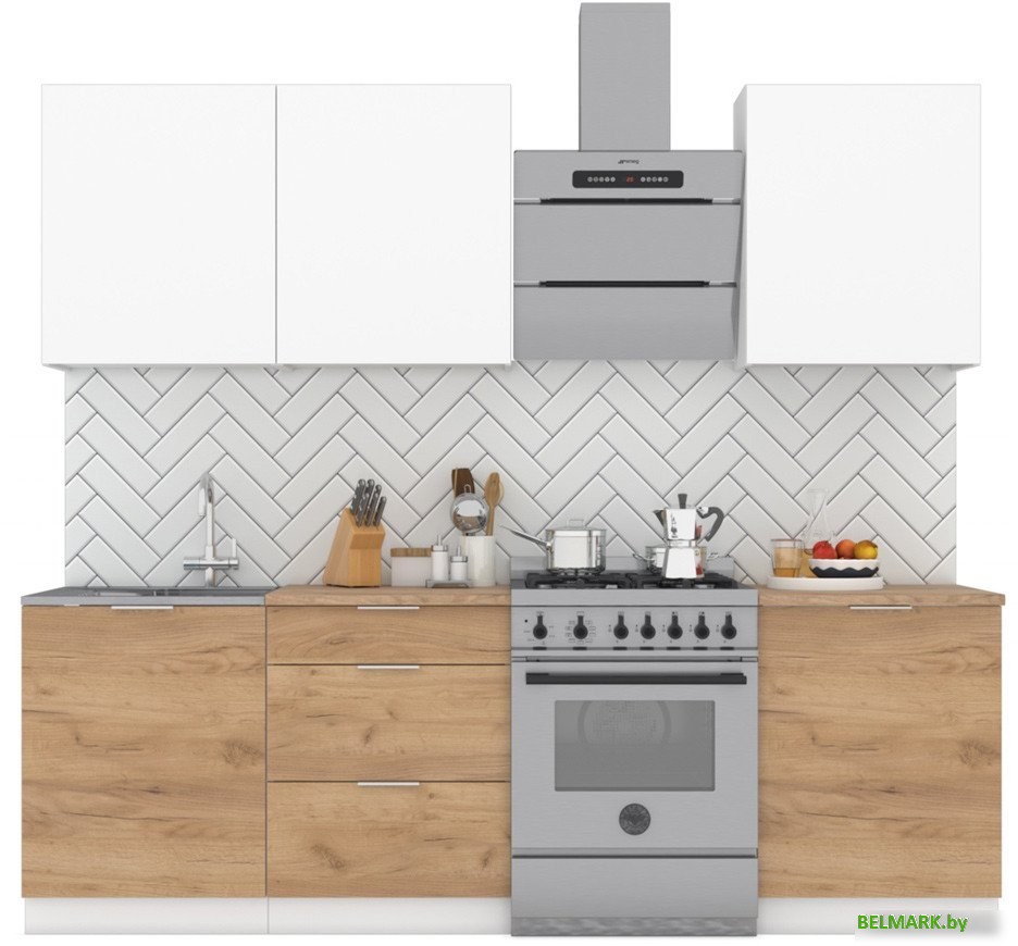 Готовая кухня Интермебель Микс Топ-4 1.8м (белый премиум/дуб крафт золотой/мрамор лацио белый) - фото