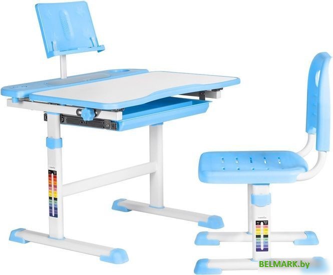 Парта Anatomica Avgusta + стул + выдвижной ящик + подставка (белый/голубой) - фото
