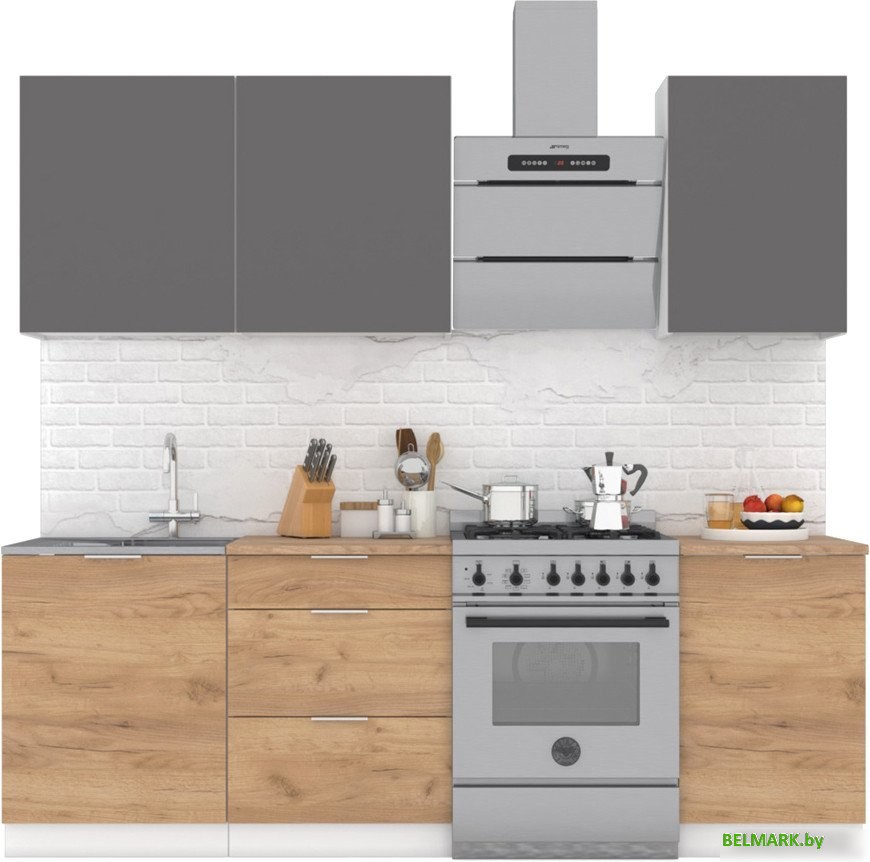 Готовая кухня Интермебель Микс Топ-3 1.7м (графит серый/дуб крафт золотой/мрамор лацио белый) - фото