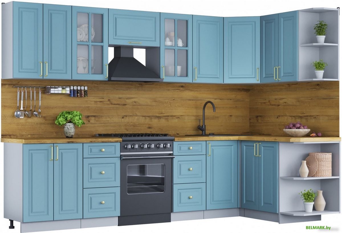 Готовая кухня Интерлиния Мила Шато 1.5x3.0 правая (океан/океан/дуб бунратти) - фото