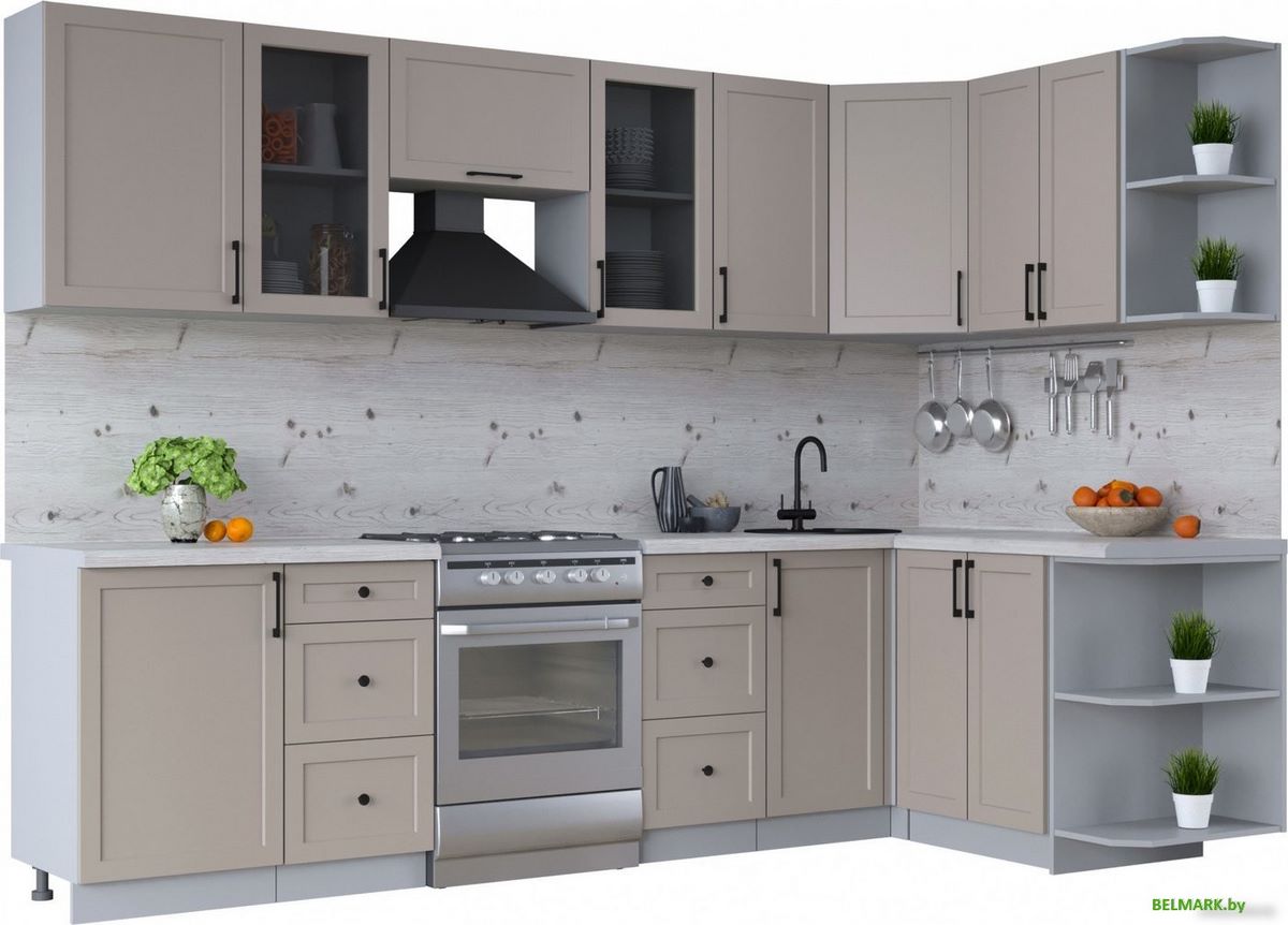 Готовая кухня Интерлиния Тренд 1.5x2.9 правая (луна/луна/бискайская сосна) - фото