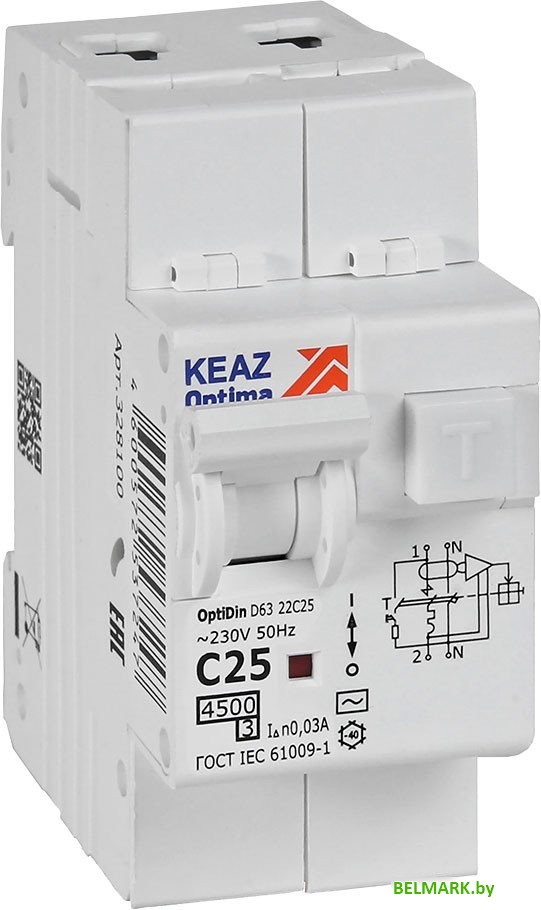 Дифференциальный автомат КЭАЗ OptiDin D63-22C25-AC-У3 C25 30мА 4.5кА 328100 - фото