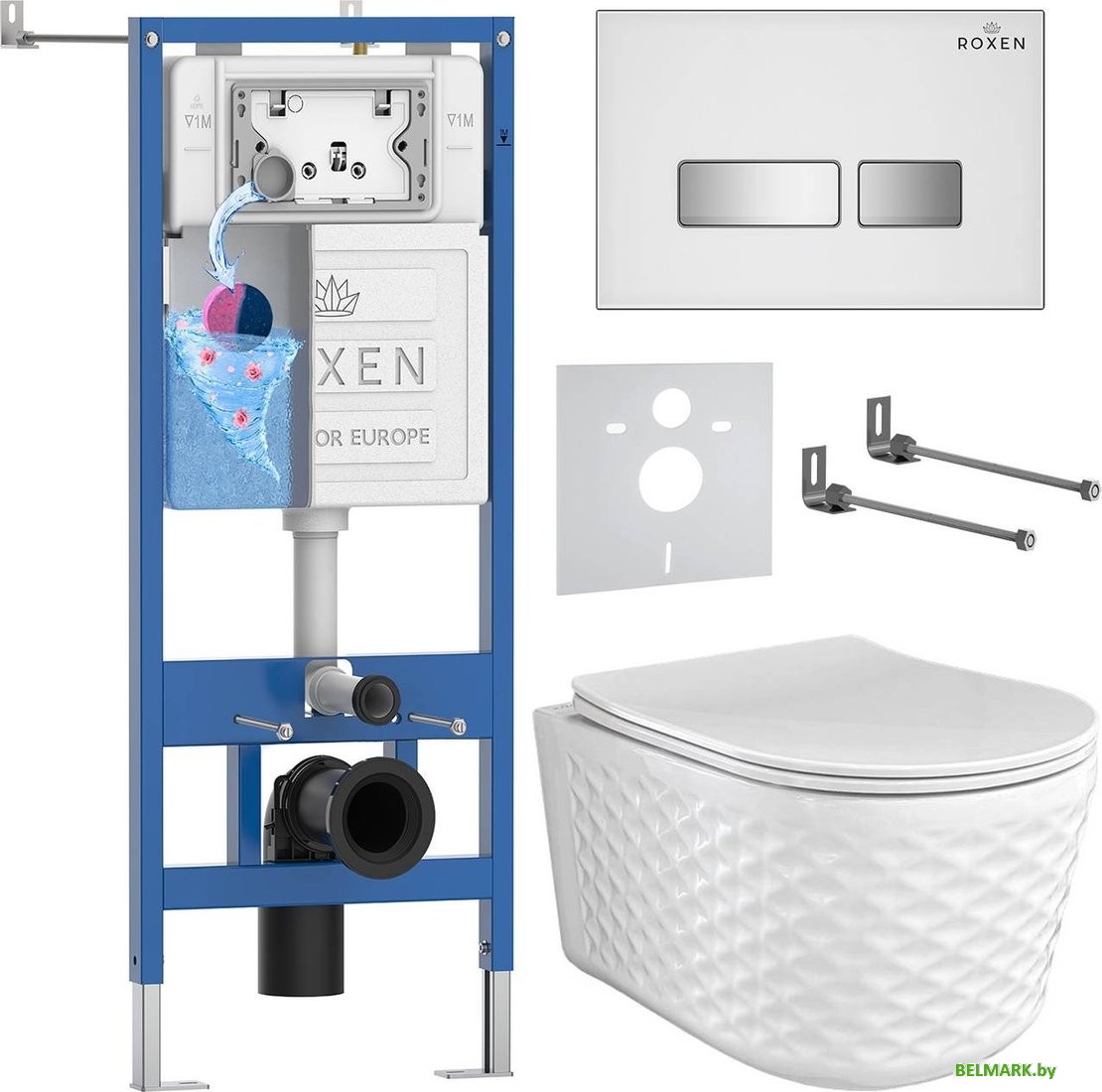 Унитаз подвесной Roxen Vine Tornado в комплекте с инсталляцией StounFix Dual Fresh 6 в 1 979024 (кнопка: белый глянцевый) - фото