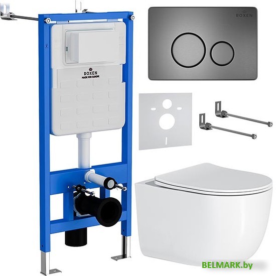 Унитаз подвесной Roxen Vortex Tornado в комплекте с инсталляцией StounFix Dual Fresh 6 в 1 964590 (кнопка: оружейная сталь) - фото