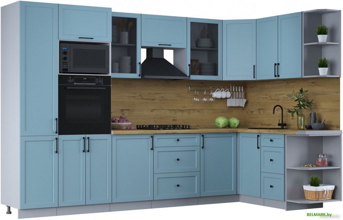 Готовая кухня Интерлиния Тренд 1.68x3.2 ВТ правая (океан/океан/дуб бунратти) - фото
