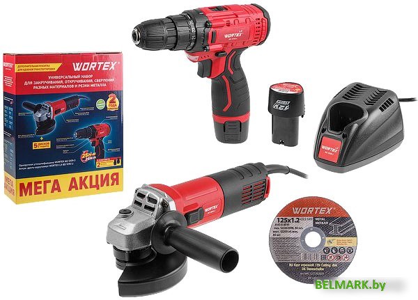 Wortex 1329386 (болгарка, шуруповерт, 2 АКБ) - фото
