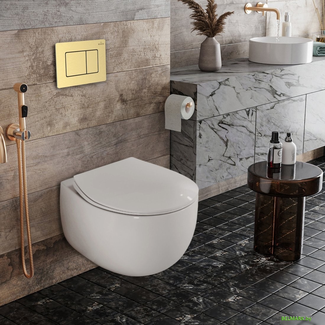 Унитаз подвесной Roxen Egg в комплекте с инсталляцией StounFix Dual Fresh 6 в 1 968475 (кнопка: брашированное золото) - фото2