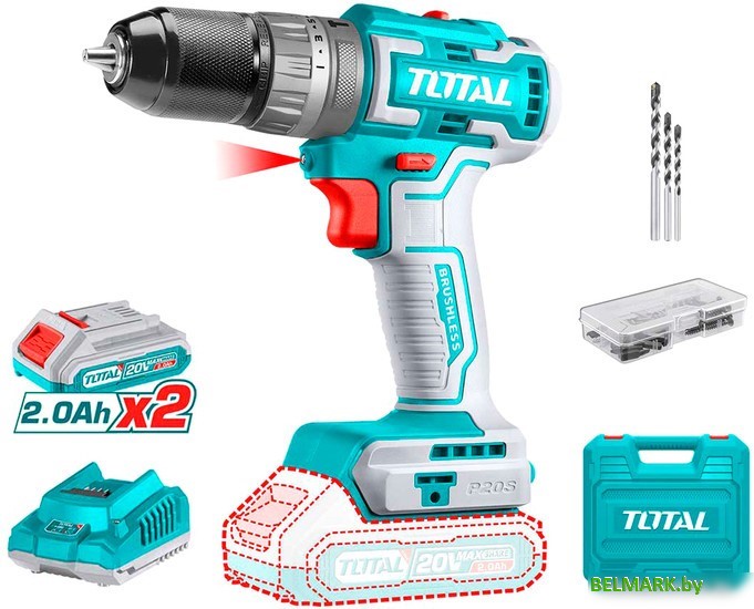 Ударная дрель-шуруповерт Total TIDLI20508 (с 2-мя АКБ, кейс, набор оснастки) - фото