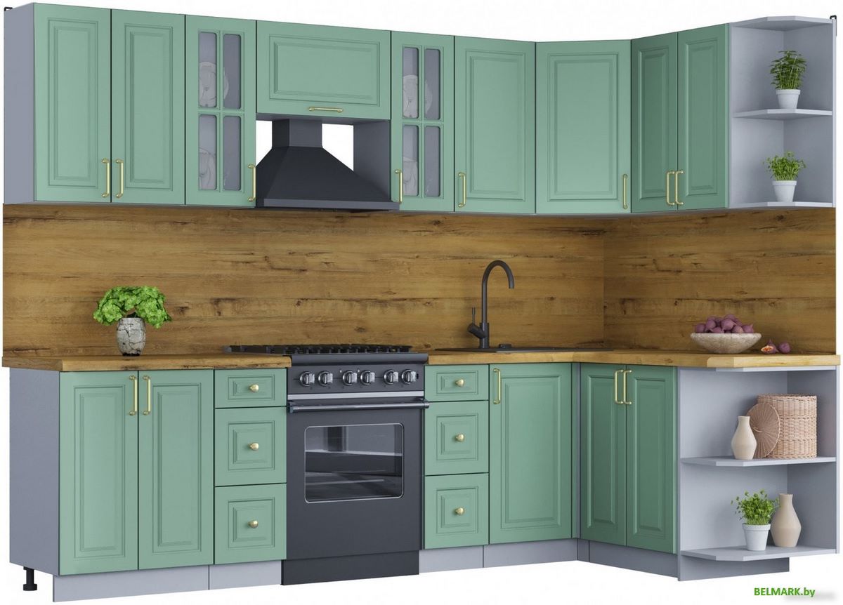 Готовая кухня Интерлиния Мила Шато 1.5x2.8 правая (мята/мята/дуб бунратти) - фото