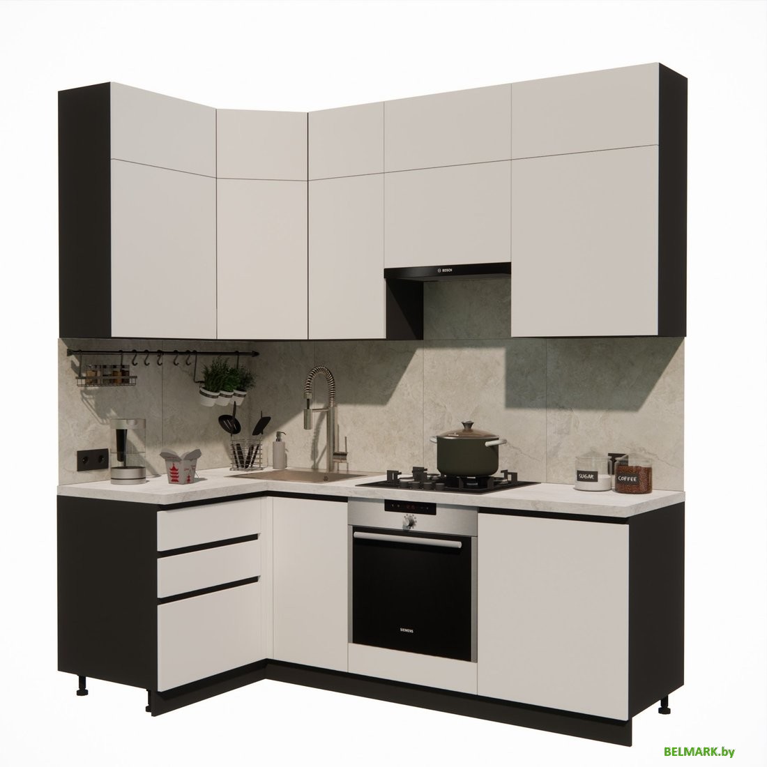 Готовая кухня ВерсоМебель Эко Премиум 1.2x2.2 левая (белый фасадный/ст. мрамор лацио) - фото