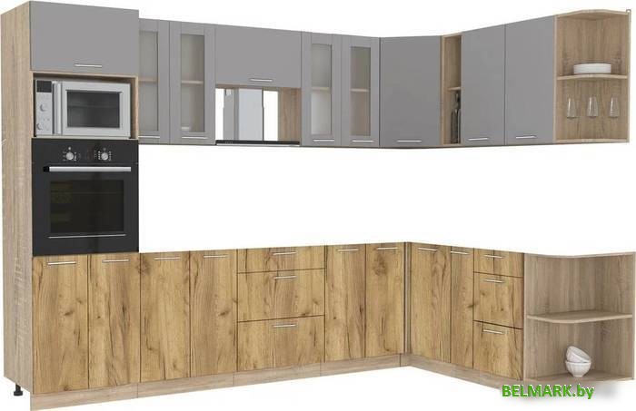 Готовая кухня Интерлиния Мила 1.88x3.0 правая без столешницы (серебристый/дуб золотой) - фото