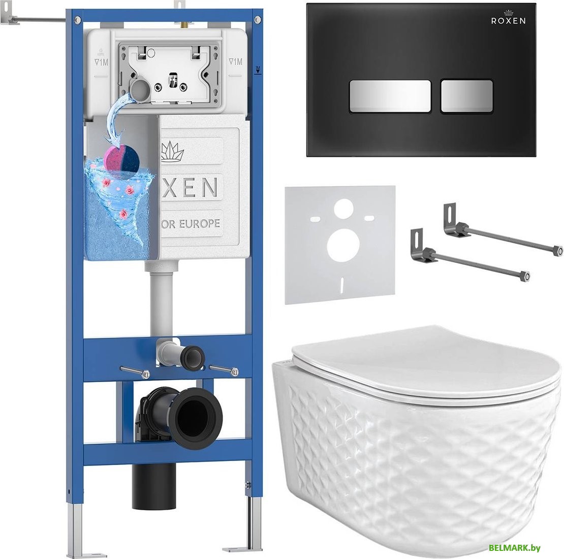 Унитаз подвесной Roxen Vine Tornado в комплекте с инсталляцией StounFix Dual Fresh 6 в 1 979025 (кнопка: черный глянцевый) - фото
