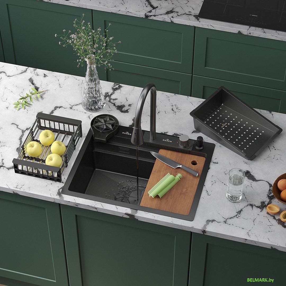 Кухонная мойка Roxen Stage Plus 560250-60-BS многофункциональная 8 в 1 (60*48/текстурный графит) - фото