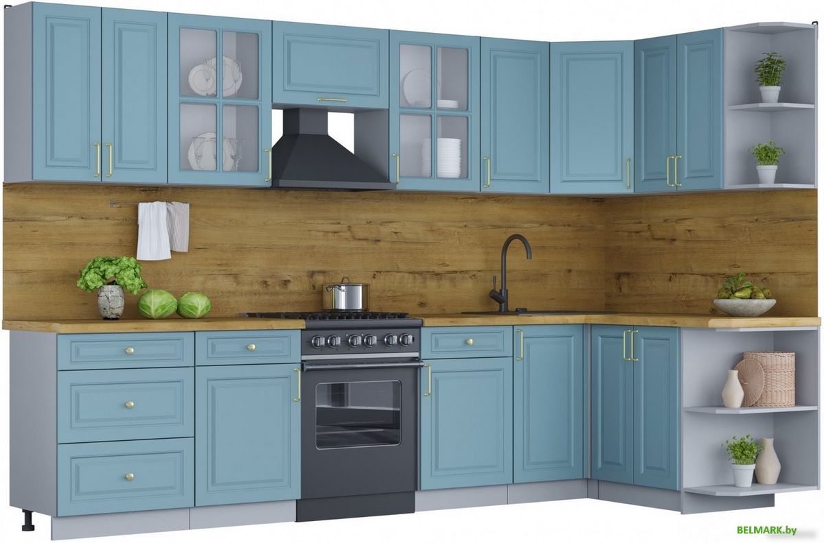 Готовая кухня Интерлиния Мила Шато 1.5x3.2 правая (океан/океан/дуб бунратти) - фото