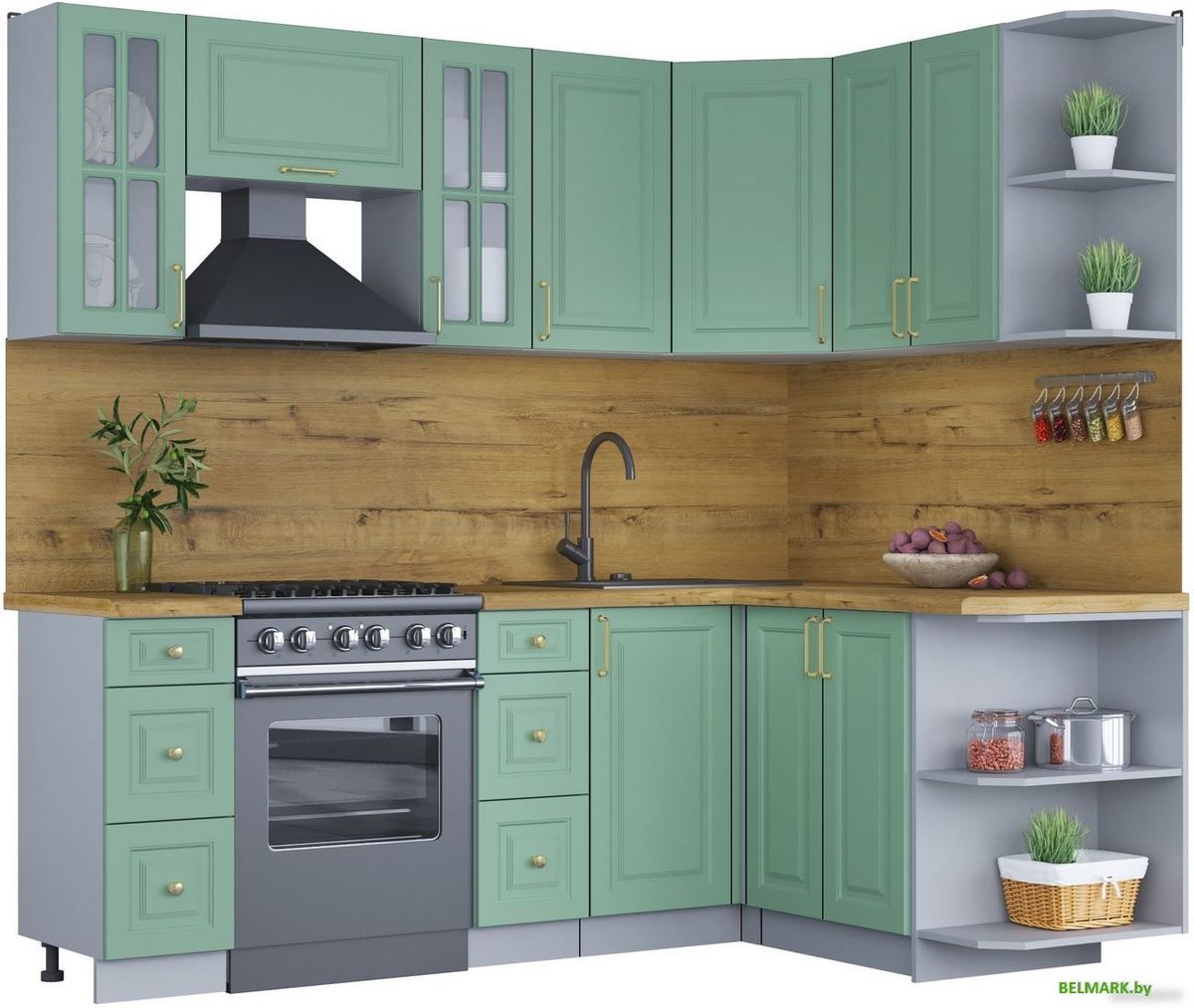 Готовая кухня Интерлиния Мила Шато 1.5x2.2 правая (мята/мята/дуб бунратти) - фото