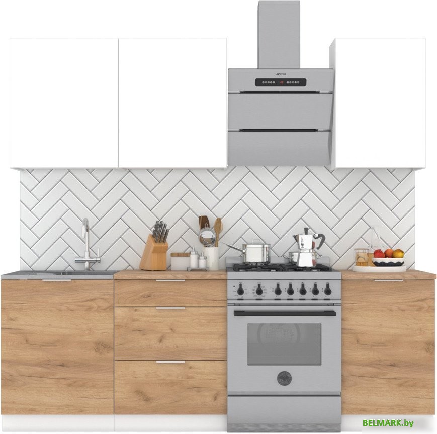 Готовая кухня Интермебель Микс Топ-3 1.7м (белый премиум/дуб крафт золотой/мрамор лацио белый) - фото