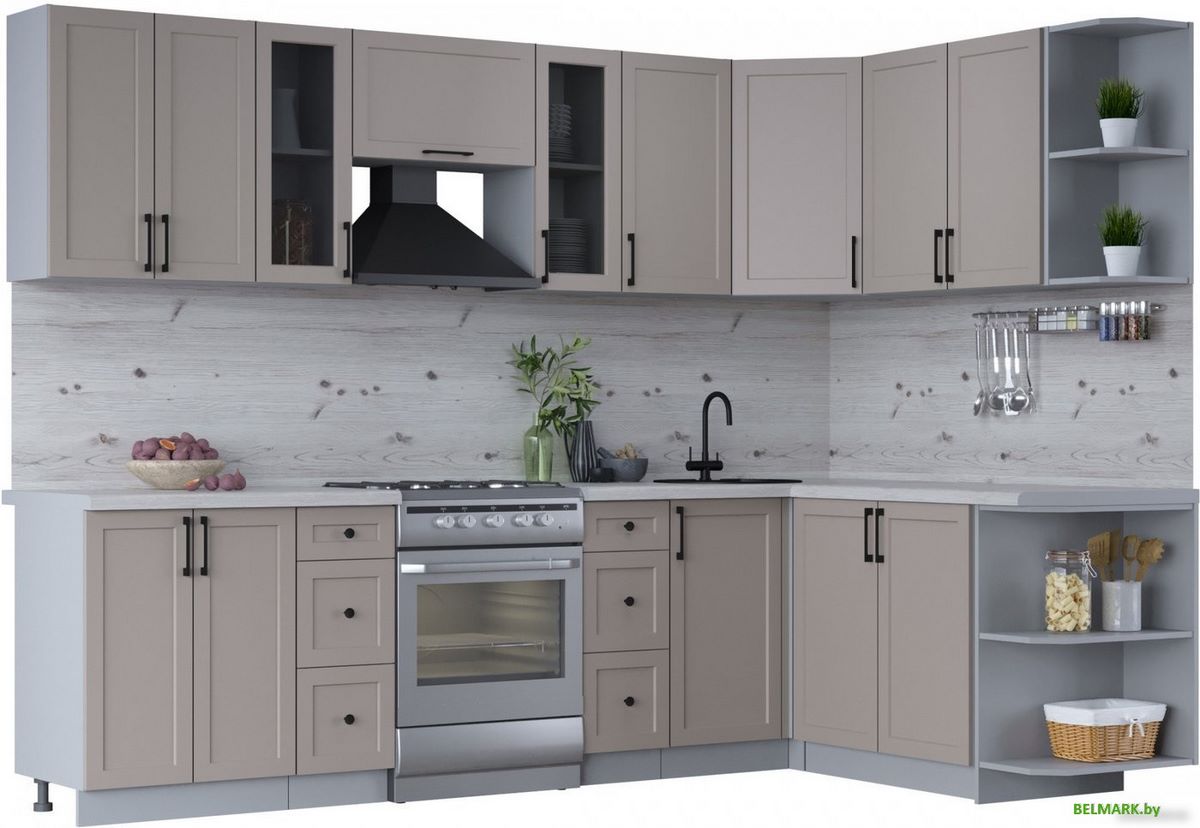 Готовая кухня Интерлиния Тренд 1.7x2.8 правая (луна/луна/бискайская сосна) - фото