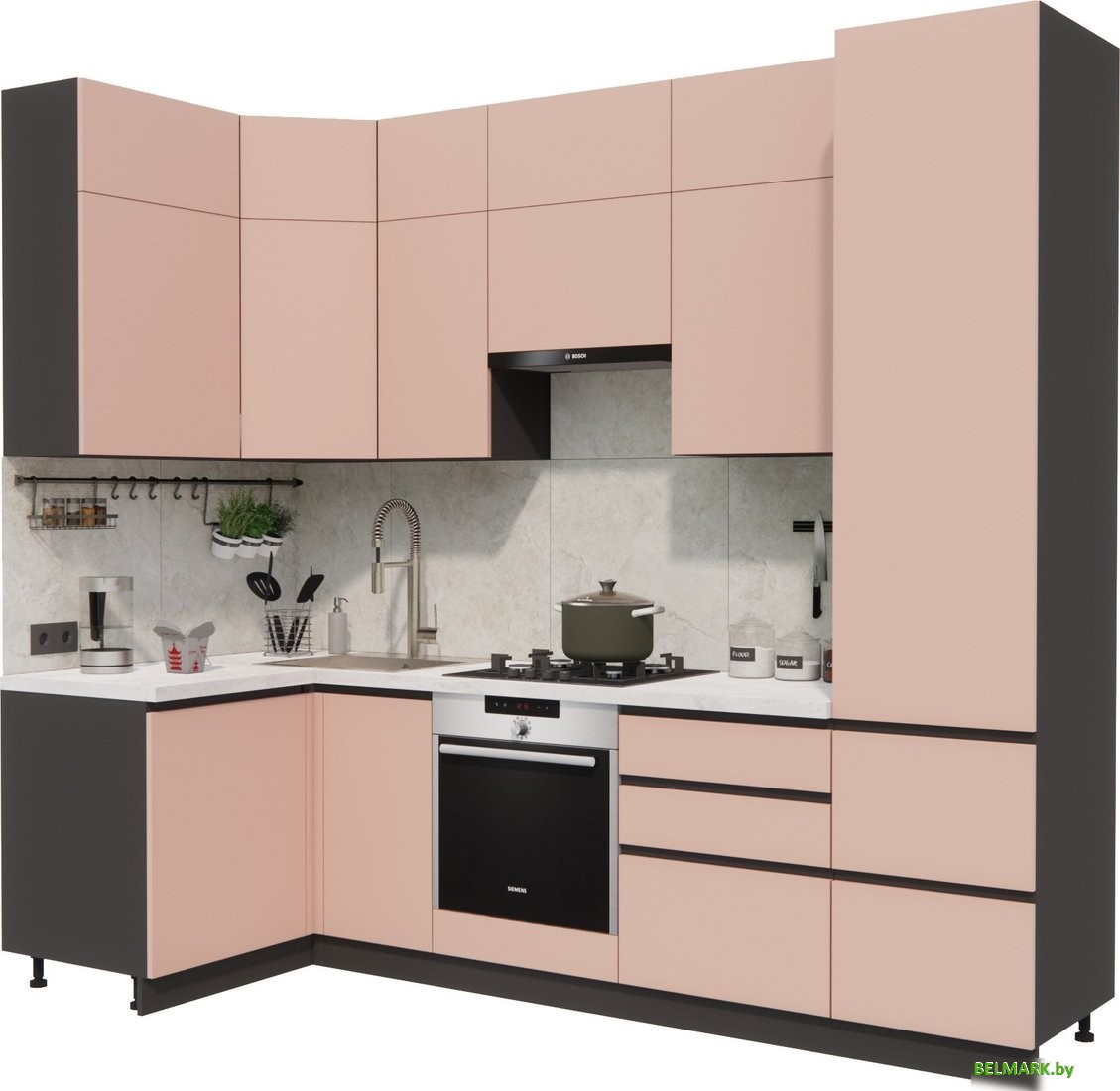 Готовая кухня ВерсоМебель Эко Премиум 1.2x2.7 левая (пудровый/ст. мрамор лацио) - фото