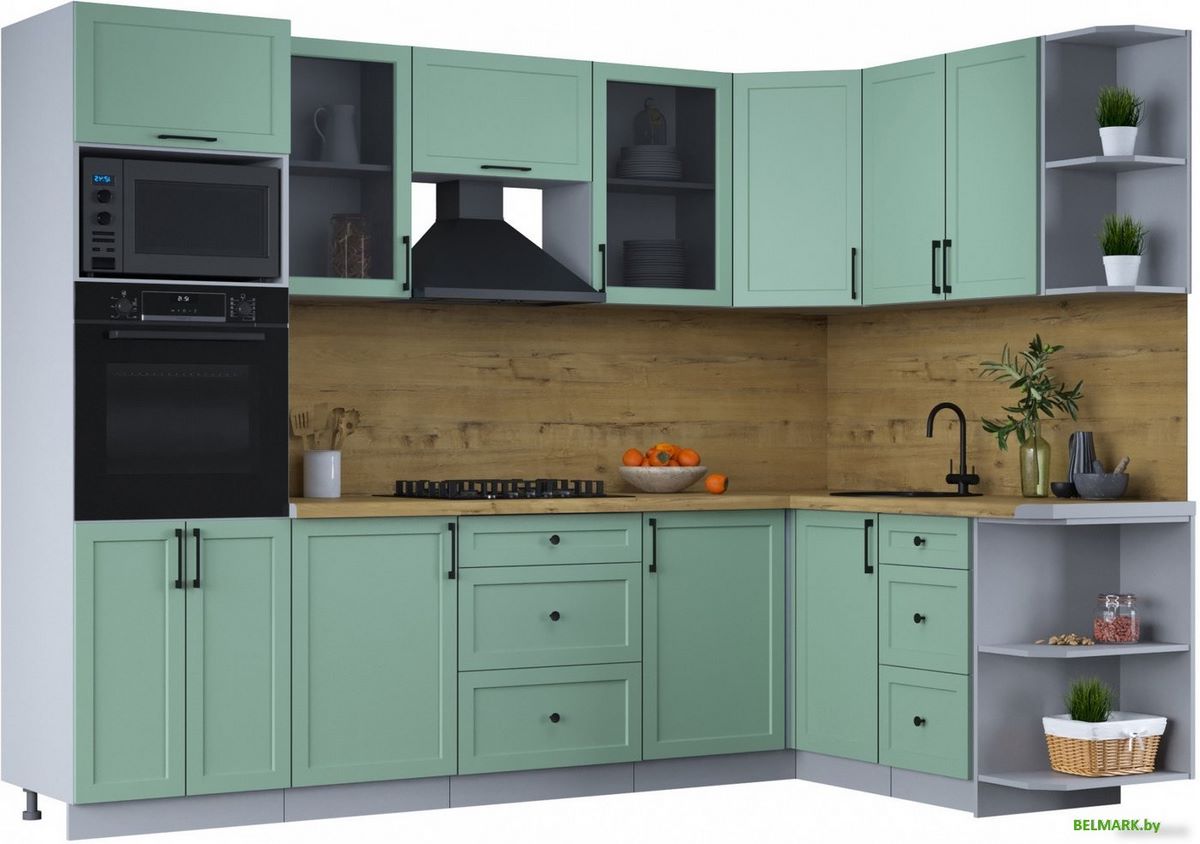 Готовая кухня Интерлиния Тренд 1.68x2.8 ВТ правая (мята/мята/дуб бунратти) - фото