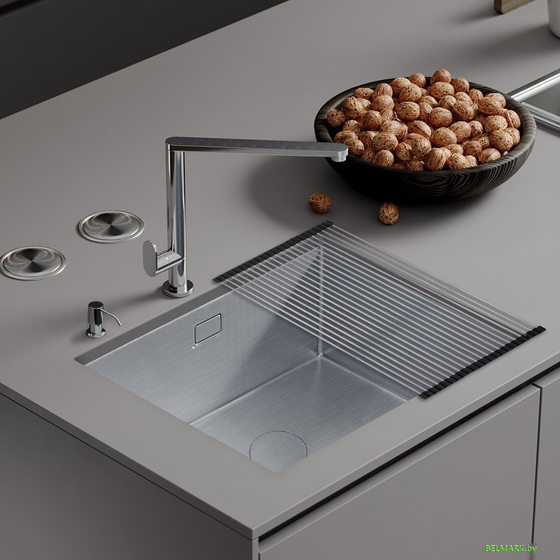 Кухонная мойка Roxen Uno 560210-44 (440*440) сатин под столешницу (с ролл-матом и дозатором) - фото