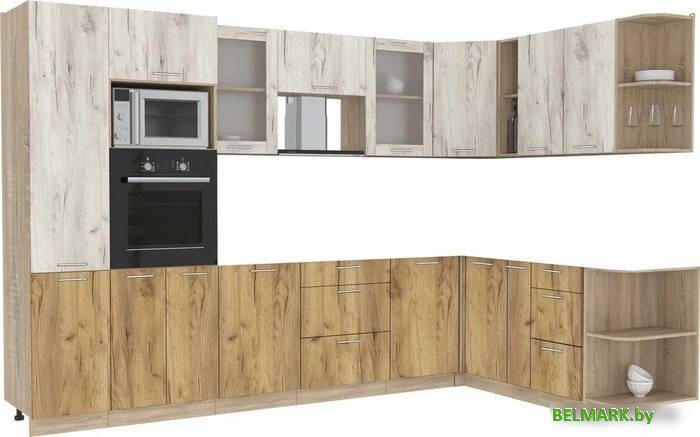 Готовая кухня Интерлиния Мила 1.88x3.2 правая без столешницы (дуб белый/дуб золотой) - фото