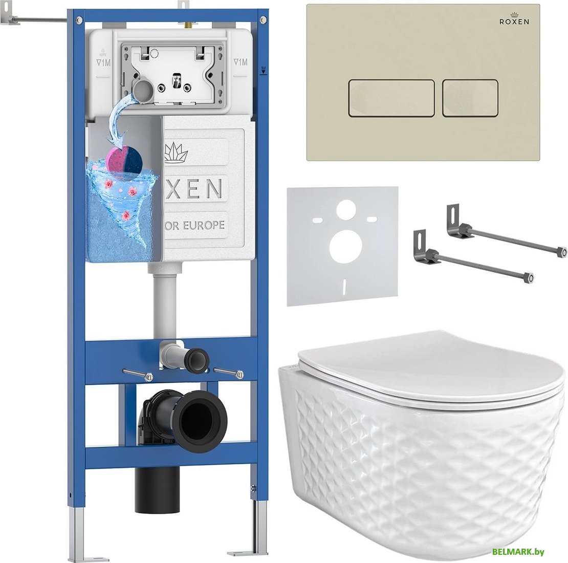 Унитаз подвесной Roxen Vine Tornado в комплекте с инсталляцией StounFix Dual Fresh 6 в 1 979004 (кнопка: бежевый) - фото