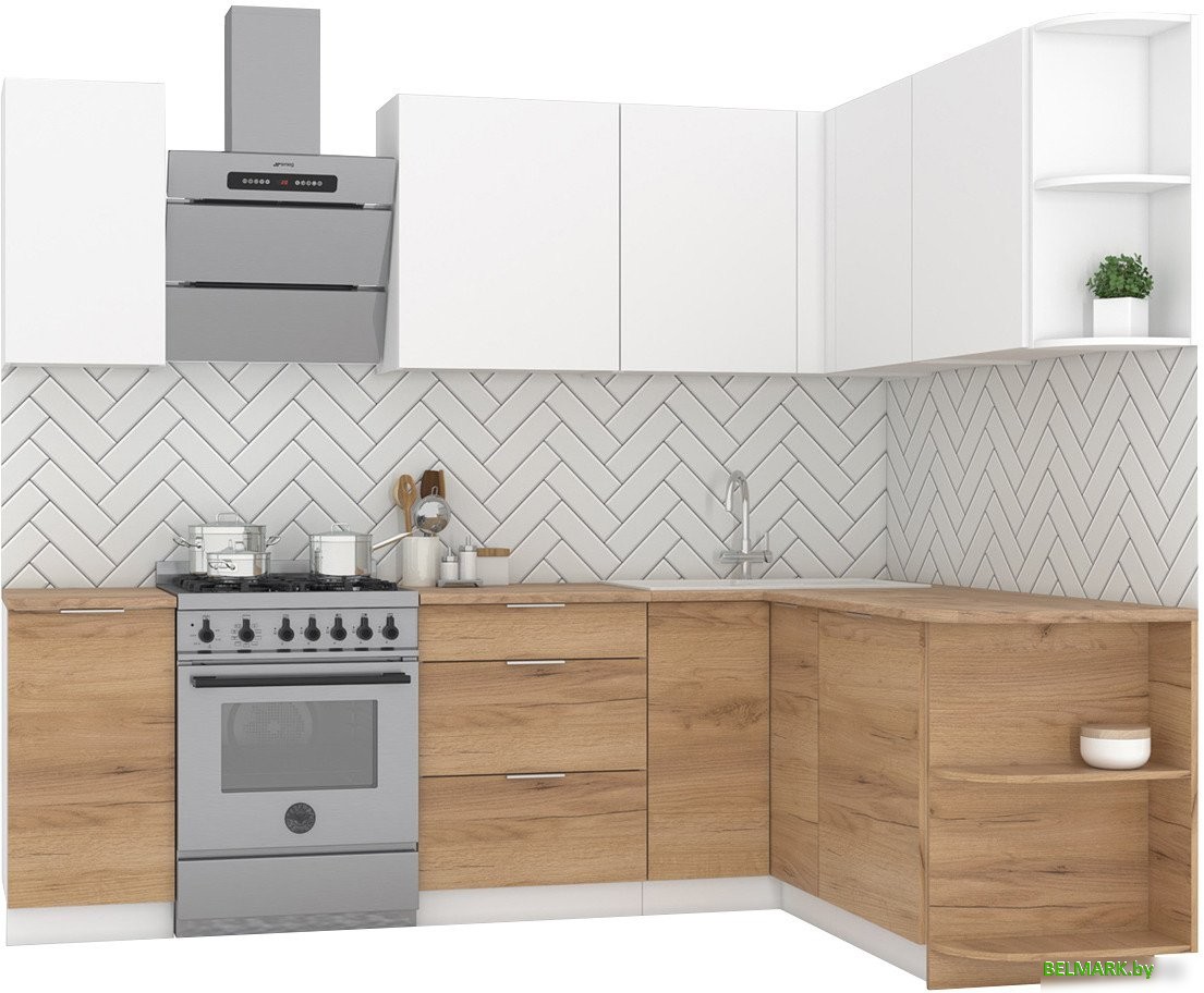 Готовая кухня Интермебель Микс Топ-17 1.9x1.7м правая (белый премиум/дуб крафт золотой/венато) - фото