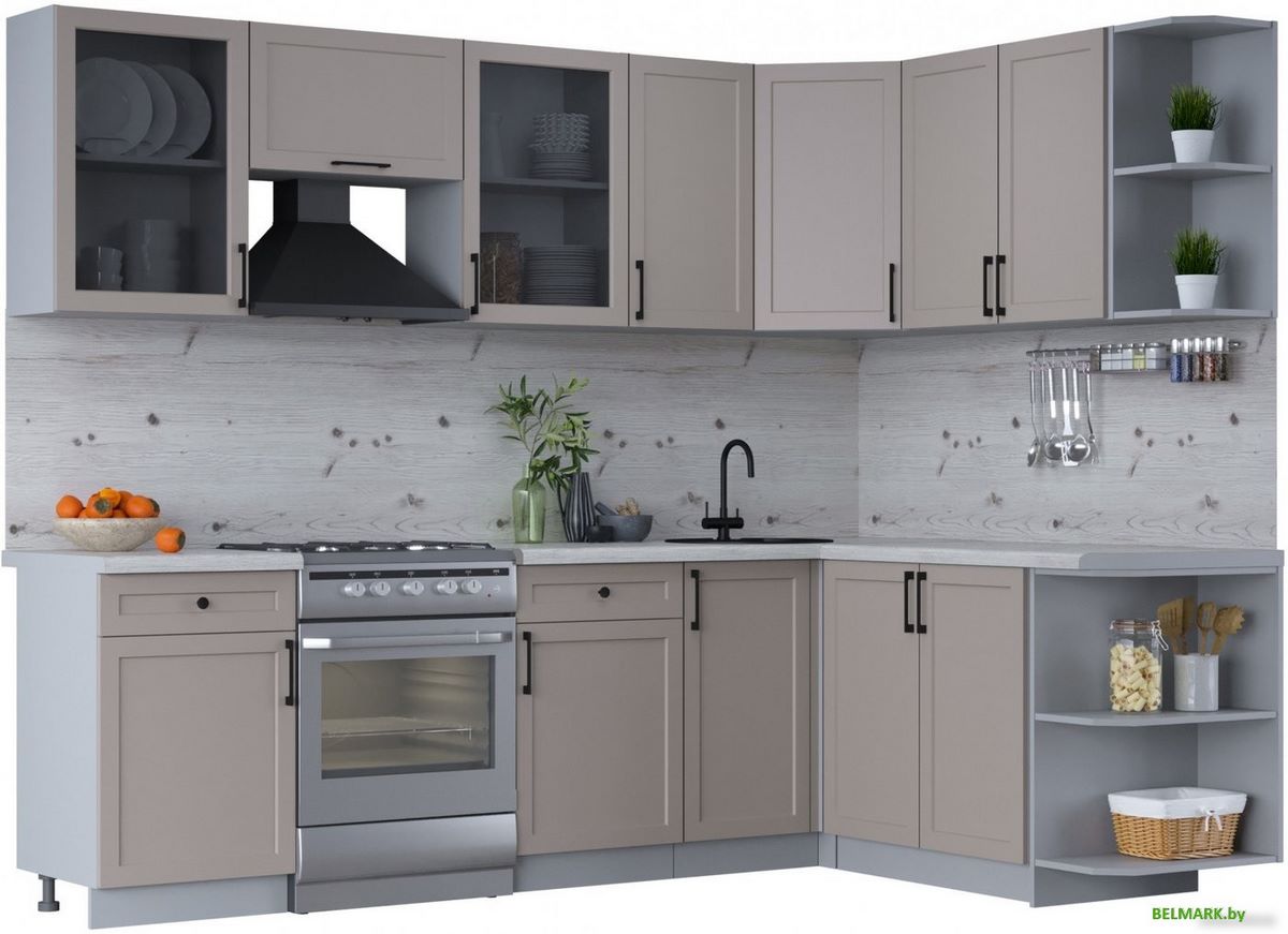 Готовая кухня Интерлиния Тренд 1.7x2.6 правая (луна/луна/бискайская сосна) - фото