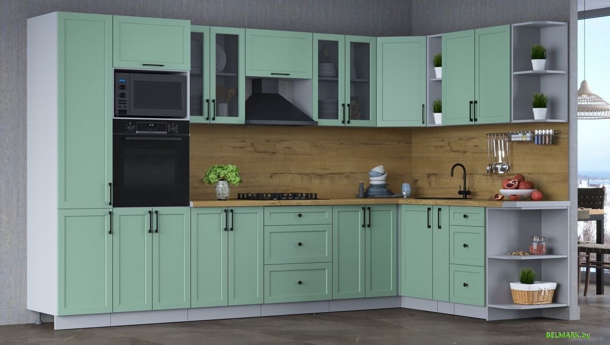 Готовая кухня Интерлиния Тренд 1.88x3.4 ВТ правая (мята/мята/дуб бунратти) - фото2