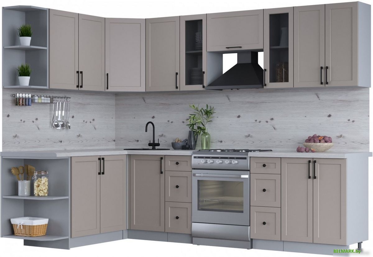 Готовая кухня Интерлиния Тренд 1.7x2.8 левая (луна/луна/бискайская сосна) - фото