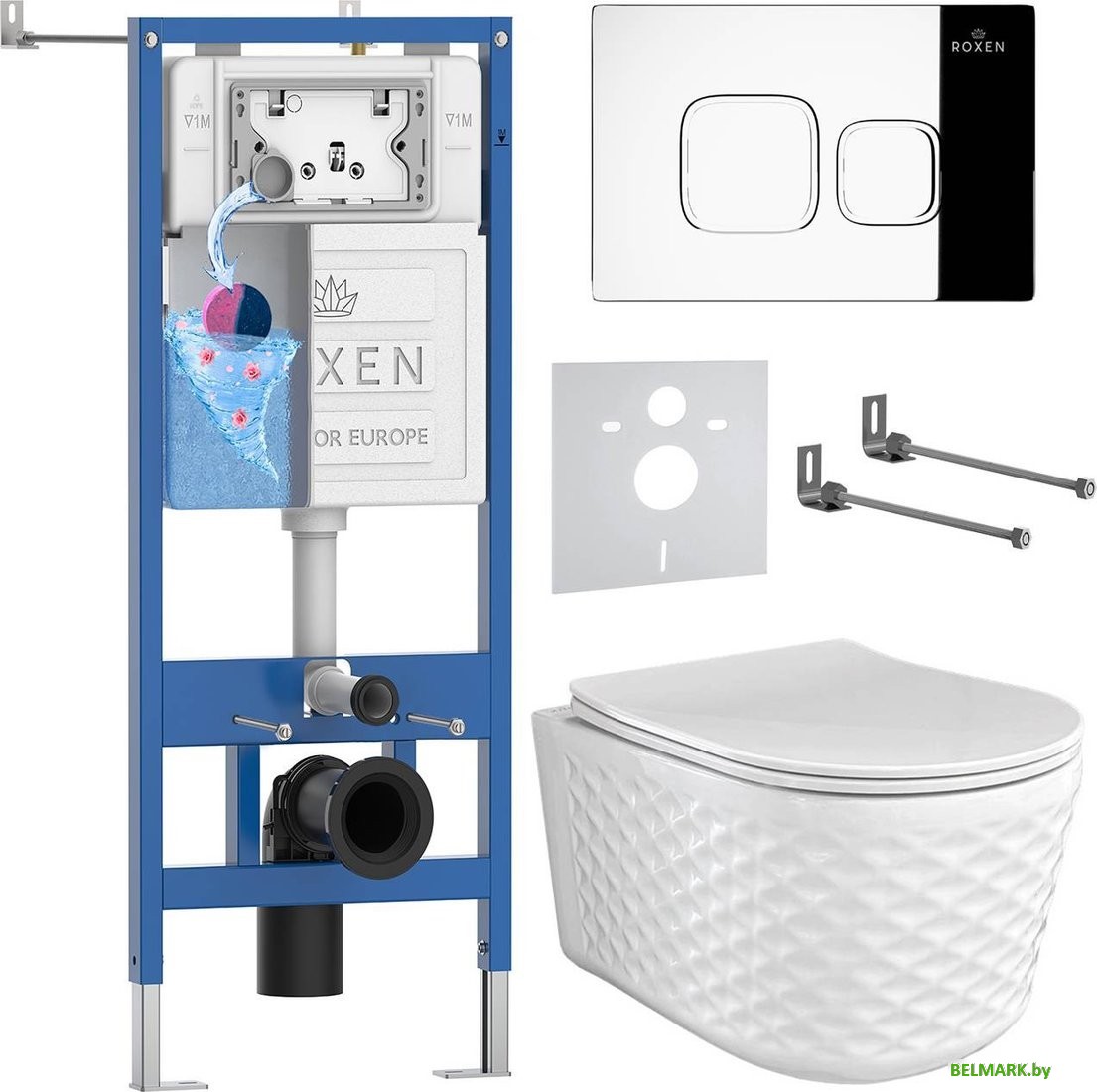 Унитаз подвесной Roxen Vine Tornado в комплекте с инсталляцией StounFix Dual Fresh 6 в 1 979016 (кнопка: хром глянцевый) - фото