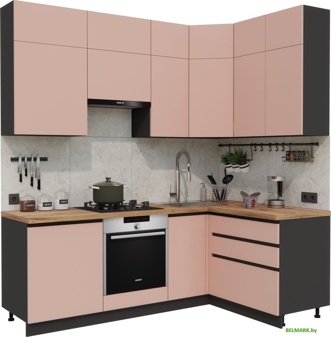 Готовая кухня ВерсоМебель Эко Премиум 1.4x2.2 правая (пудровый/ст. дуб вотан) - фото