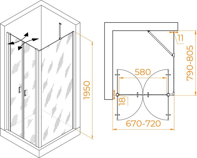 Душевой уголок RGW PA-144B (PA-104B+Z-050-2B+O-204B) 060814478-14 70x80 (черный/прозрачное стекло) - фото2