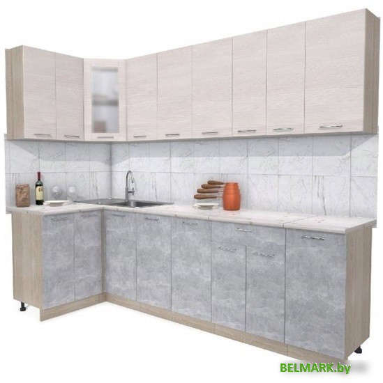 Готовая кухня Интерлиния Мила 12x28 (вудлайн кремовый-бетон-бискайская сосна) - фото