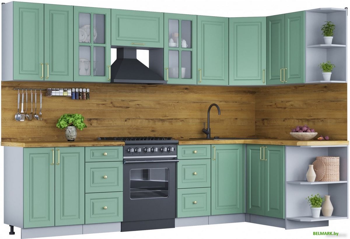 Готовая кухня Интерлиния Мила Шато 1.5x3.0 правая (мята/мята/дуб бунратти) - фото