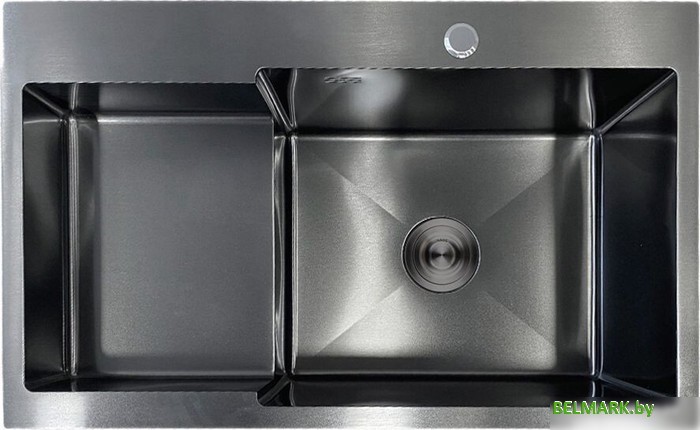 Кухонная мойка AKS н/сталь, прямоугольная одночашевая, 780*480мм, графит, PVD покрытие, справа, врезн на/вровень столешнице, (3,2мм) - фото