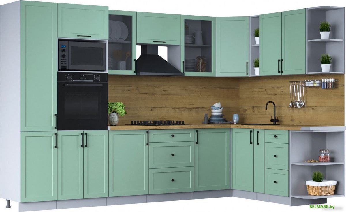 Готовая кухня Интерлиния Тренд 1.88x3.2 ВТ правая (мята/мята/дуб бунратти) - фото