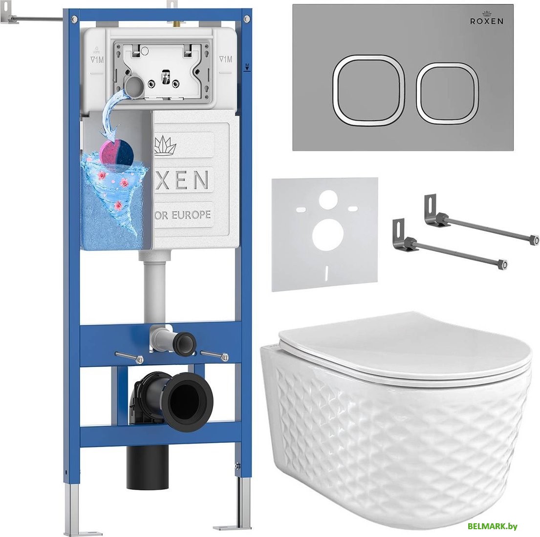 Унитаз подвесной Roxen Vine Tornado в комплекте с инсталляцией StounFix Dual Fresh 6 в 1 979017 (кнопка: хром матовый) - фото