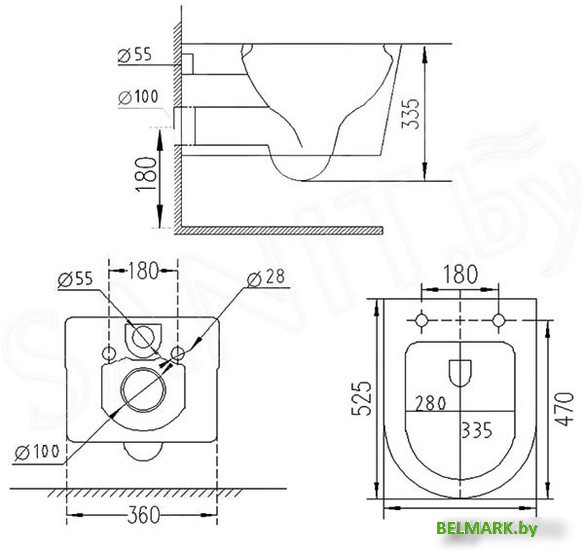 Унитаз подвесной Roxen Porto в комплекте с инсталляцией StounFix Dual Fresh 6 в 1 966078 (кнопка: серый бетон) - фото2