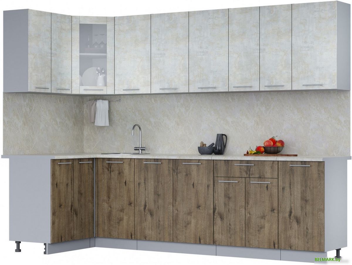 Готовая кухня Интерлиния Мила 12x28 (бетон лайт/дуб веллингтон/опал светлый) - фото