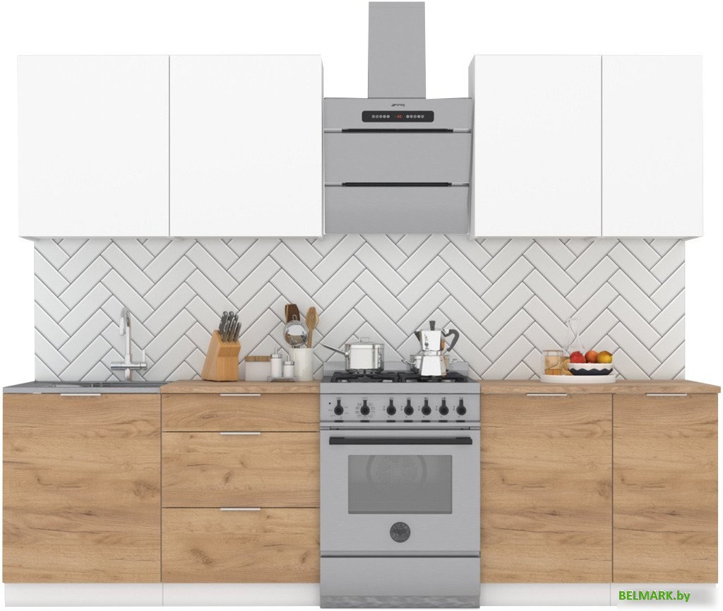 Готовая кухня Интермебель Микс Топ-6 2.1м (белый премиум/дуб крафт золотой/мрамор лацио белый) - фото