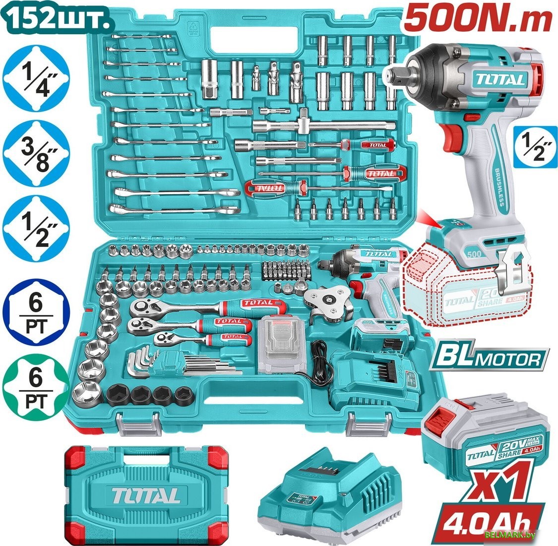 Total THKTHP31522 (гайковерт, 1 АКБ, набор инструментов) - фото