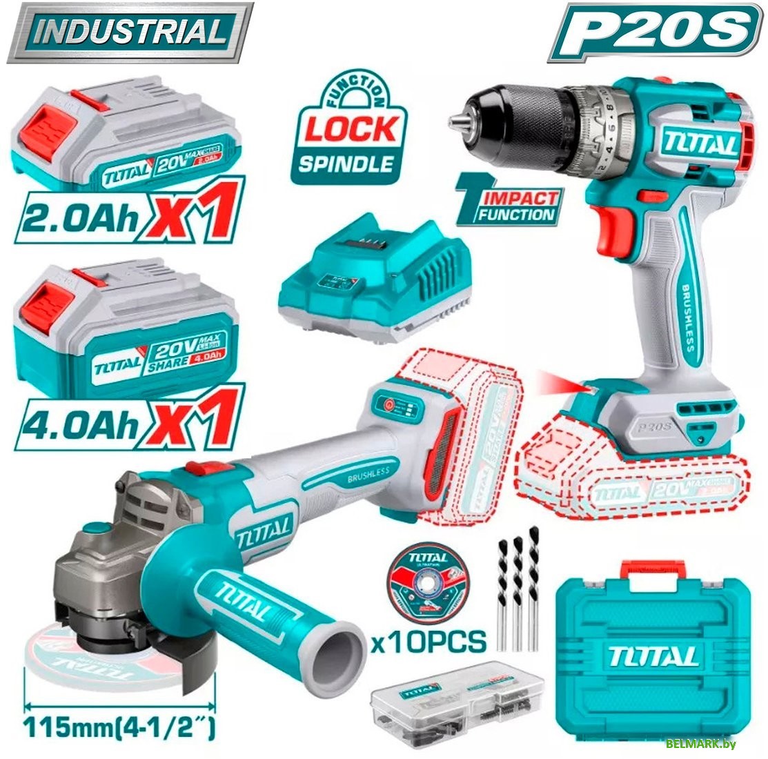 Total TCKLI20273 (шуруповерт, болгарка, 2 АКБ, кейс) - фото