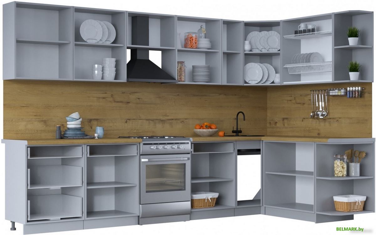 Готовая кухня Интерлиния Тренд 1.7x3.3 правая (луна/луна/бискайская сосна) - фото2