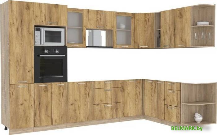 Готовая кухня Интерлиния Мила 1.88x3.2 правая без столешницы (дуб золотой/дуб золотой) - фото