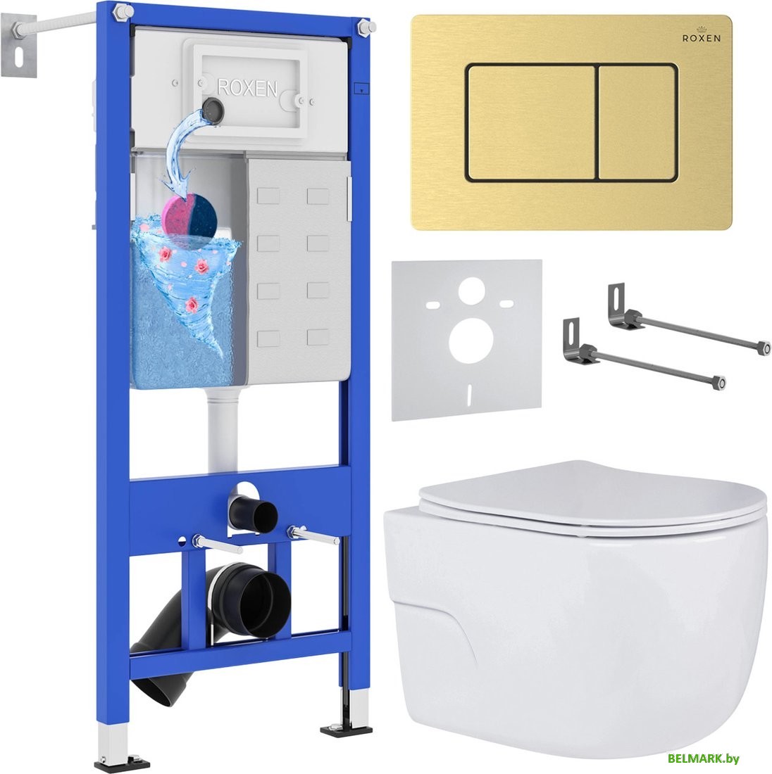 Унитаз подвесной Roxen Porto в комплекте с инсталляцией StounFix Dual Fresh 6 в 1 968478 (кнопка: брашированное золото) - фото