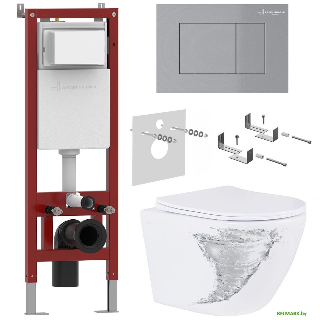 Унитаз подвесной Roxen Antares Tornado в комплекте с инсталляцией Asten Readle Zentralmodul с кнопкой сатин (хром матовый) - фото