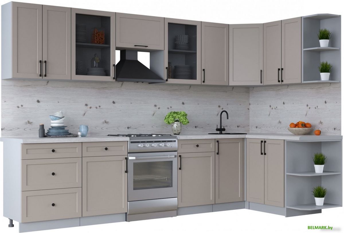 Готовая кухня Интерлиния Тренд 1.5x3.2 правая (луна/луна/бискайская сосна) - фото