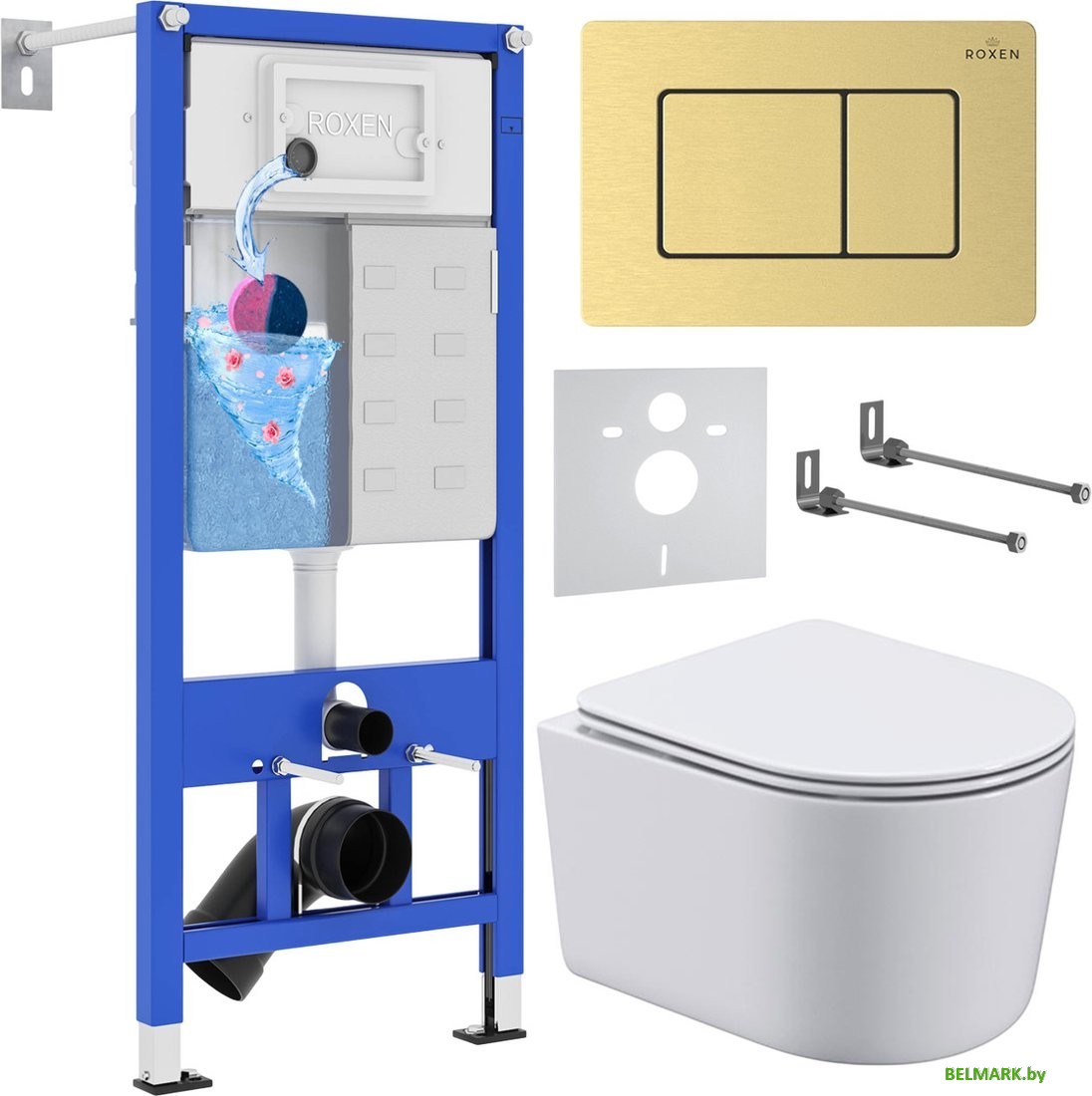 Унитаз подвесной Roxen Simple compact в комплекте с инсталляцией StounFix Dual Fresh 6 в 1 968480 (кнопка: брашированное золото) - фото