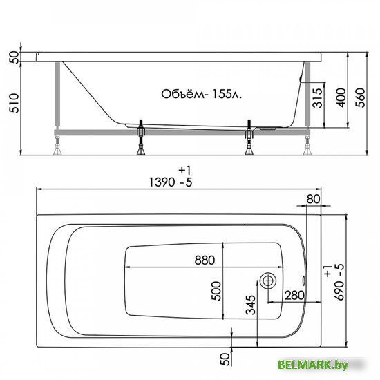Ванна 1AcReal Gamma 140x70 (с каркасом) - фото2